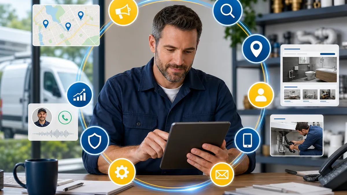 Plumber digital marketing funnel with profile, ads, calls, and repeat-work loop