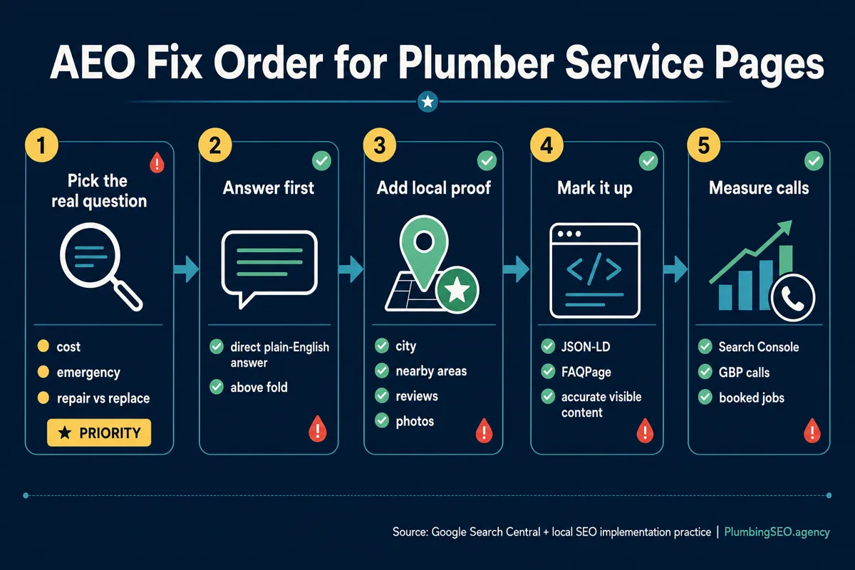 Five-step AEO fix order for plumber service pages: pick the real question, answer first, add local proof, mark it up, and measure calls.