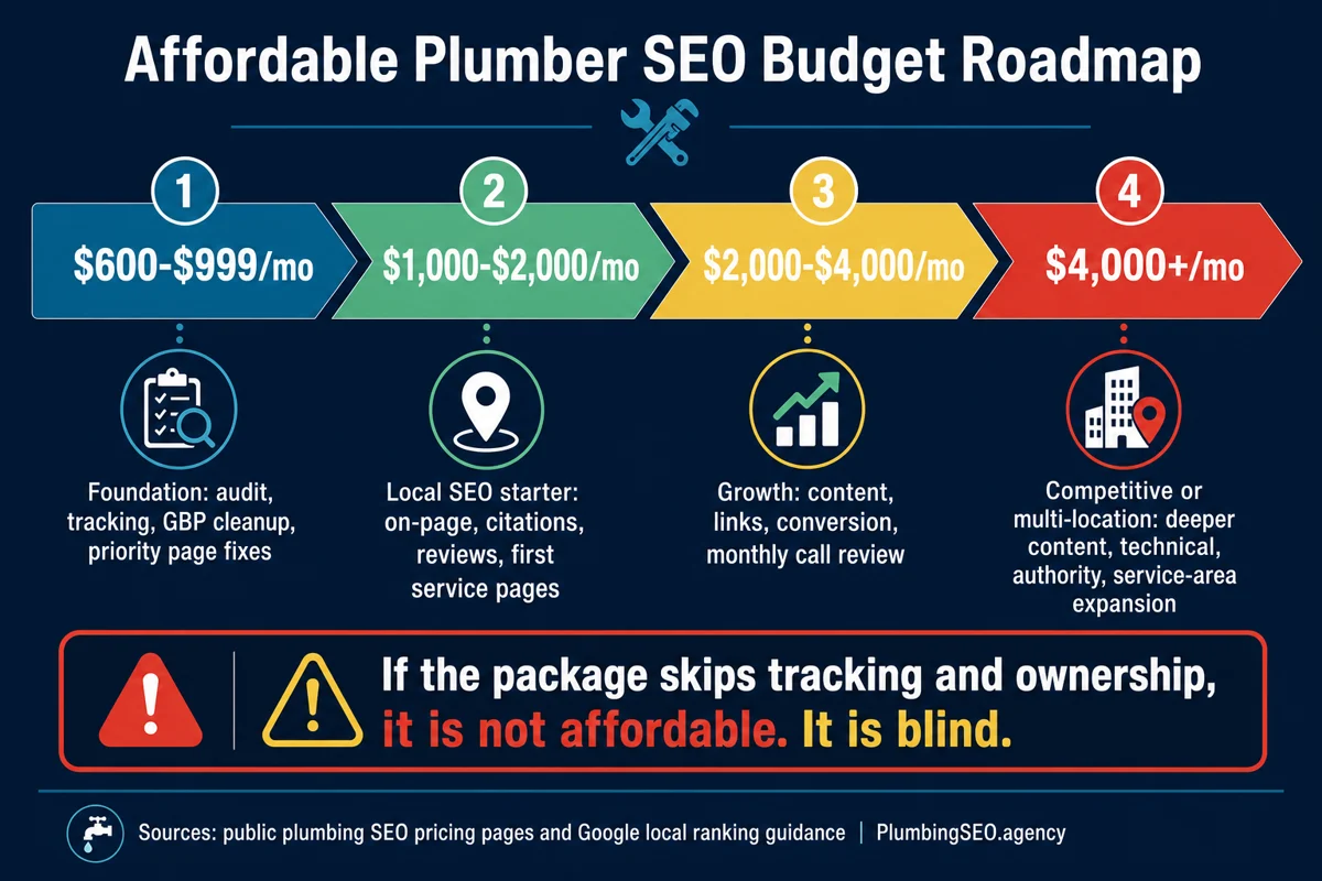 Affordable plumber SEO budget roadmap from foundation work to local starter SEO, growth, and competitive multi-location SEO
