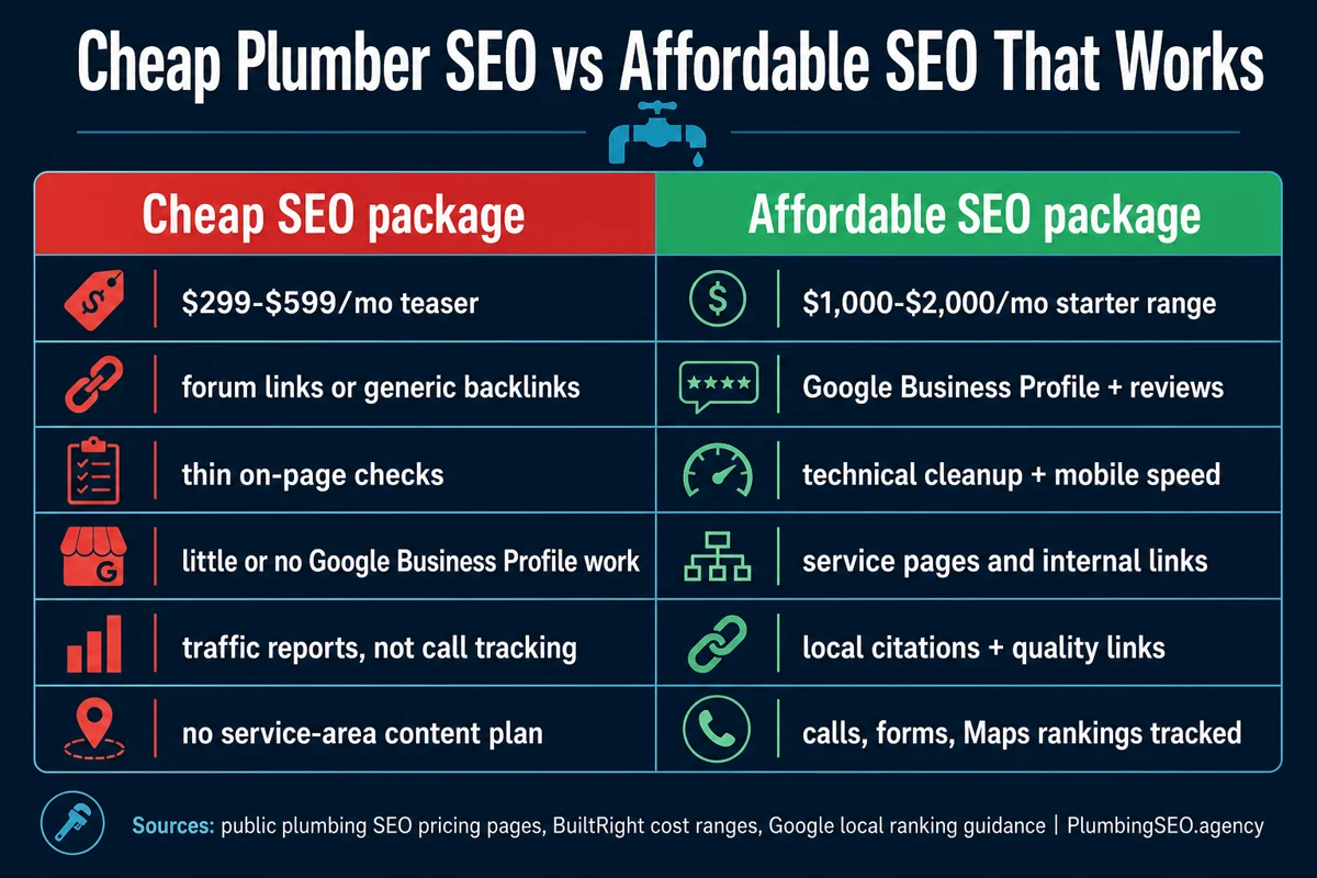 Cheap plumber SEO package versus affordable SEO package comparison for plumbing companies