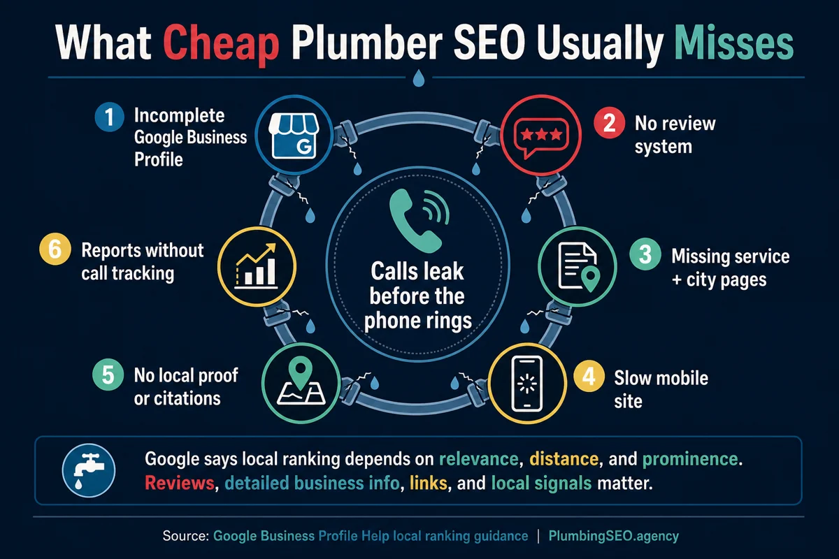 Six SEO leaks cheap plumber SEO packages often miss including incomplete Google Business Profile, no reviews, missing service pages, slow mobile site, weak local proof, and no call tracking