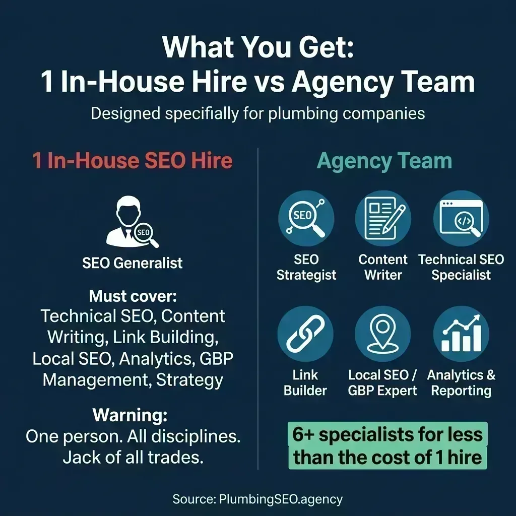 Infographic showing how 1 in-house SEO generalist hire compares to a full agency team of 6+ specialists including strategist, content writer, technical specialist, link builder, local SEO expert, and analytics