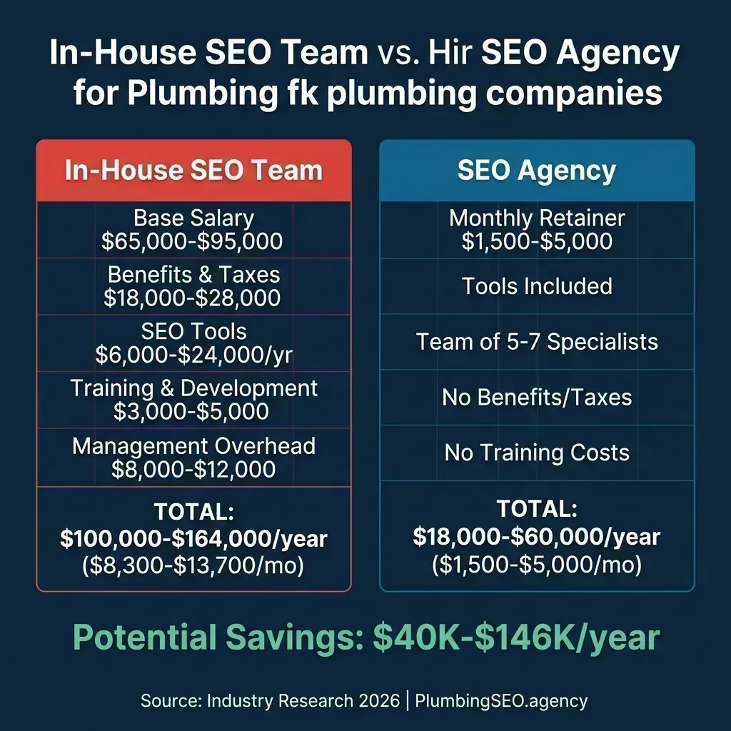 Cost comparison for plumbers hiring an SEO company versus keeping SEO in house: $18K-$60K yearly agency team versus $100K-$164K fully loaded employee