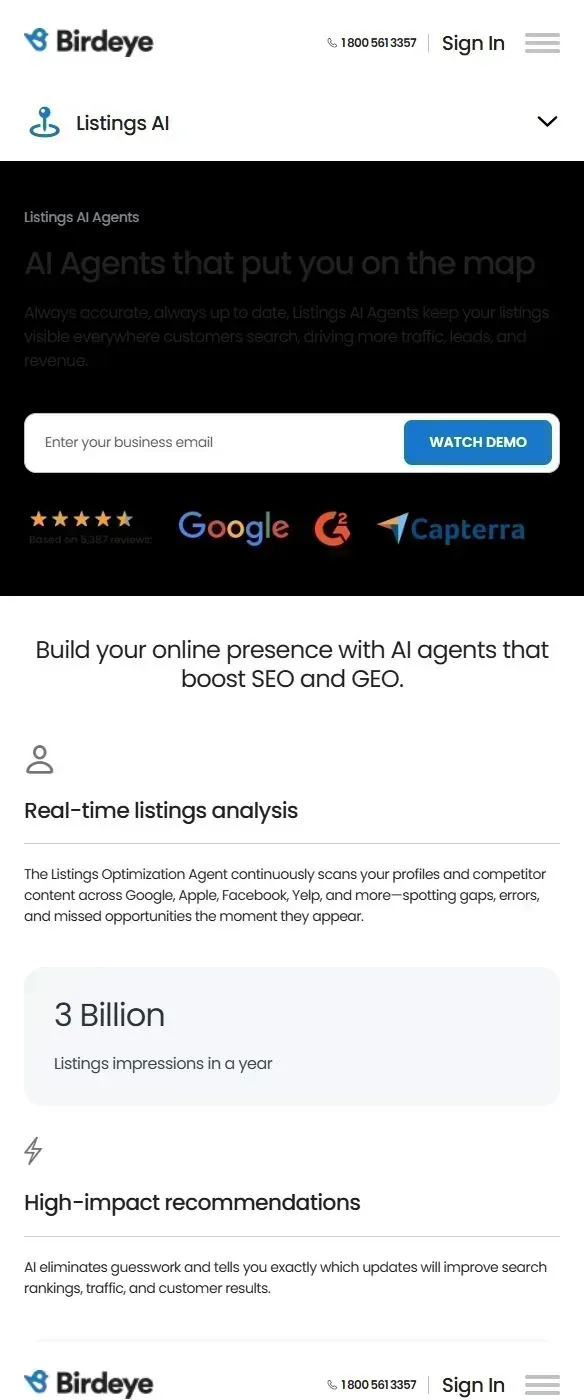 Scrolling screenshot of Birdeye Listings AI page for local listings and reputation management