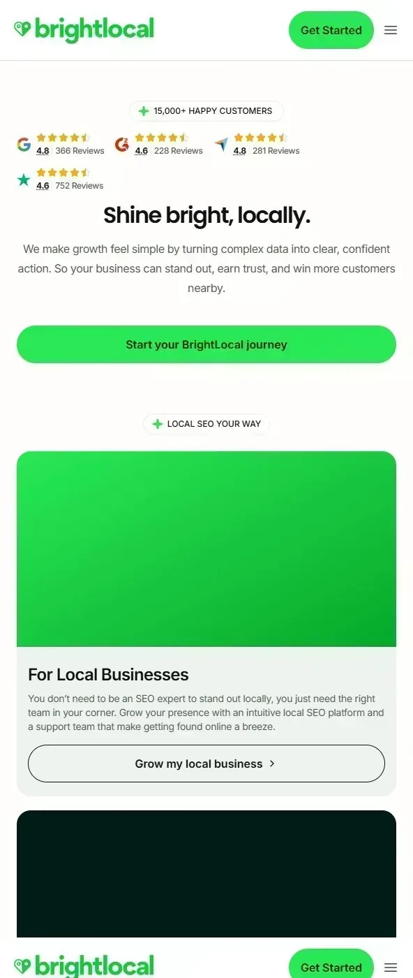 Scrolling screenshot of BrightLocal local SEO platform homepage