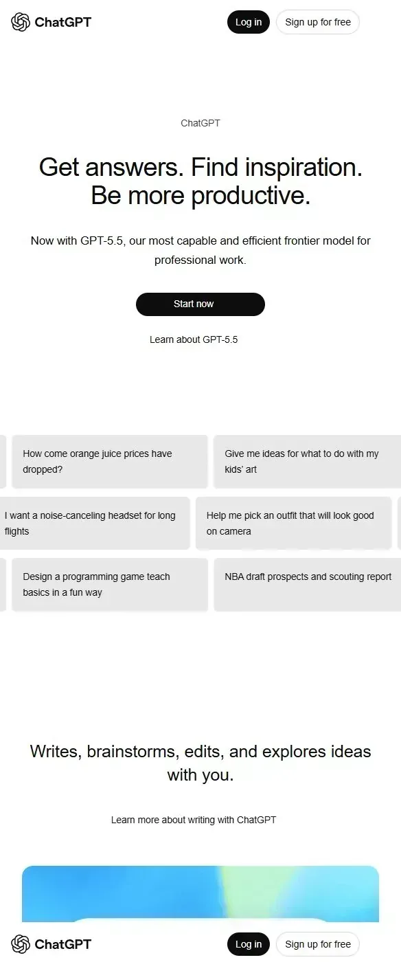Scrolling screenshot of ChatGPT homepage for AI writing and research assistance