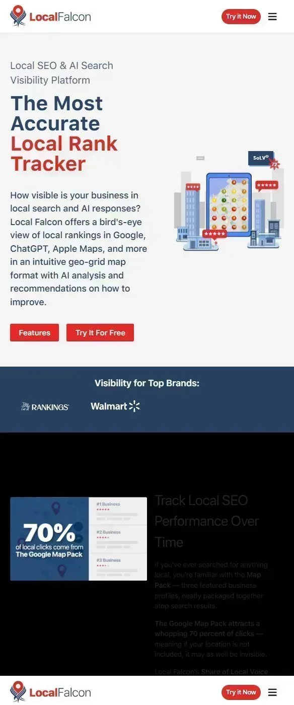 Scrolling screenshot of Local Falcon local rank tracking and AI visibility platform