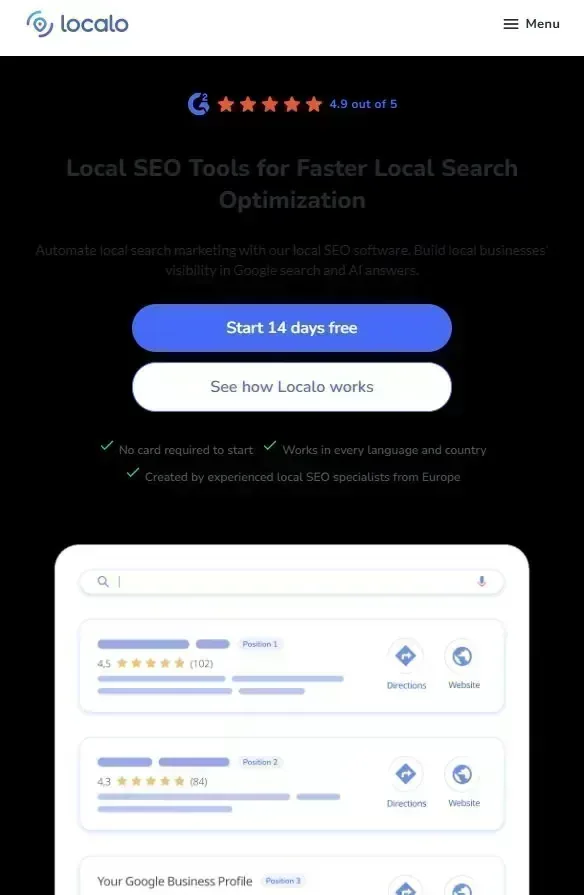 Screenshot of Localo local SEO tools homepage for Google Business Profile optimization