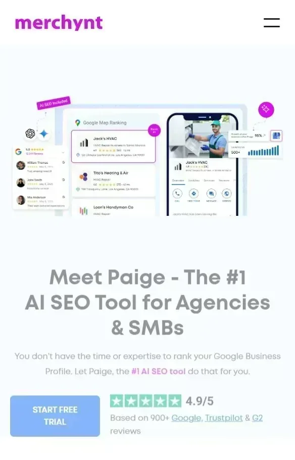 Screenshot of Paige by Merchynt AI SEO agent homepage