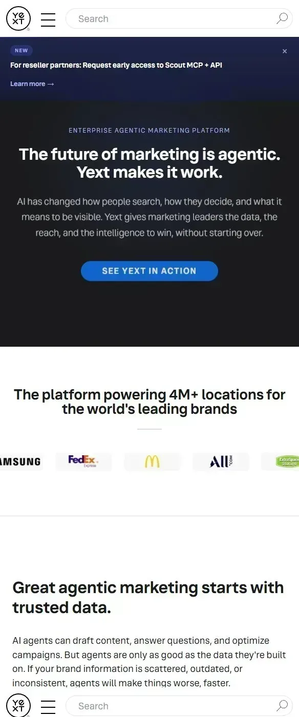 Scrolling screenshot of Yext enterprise local SEO and AI search visibility platform