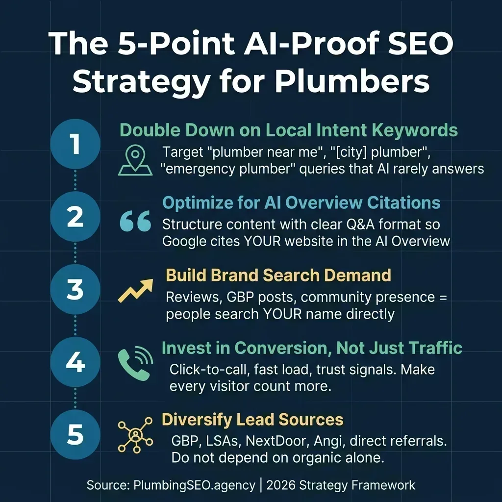 The 5-point AI-proof SEO strategy for plumbers: local intent keywords, AI Overview citations, brand search demand, conversion optimization, lead source diversification