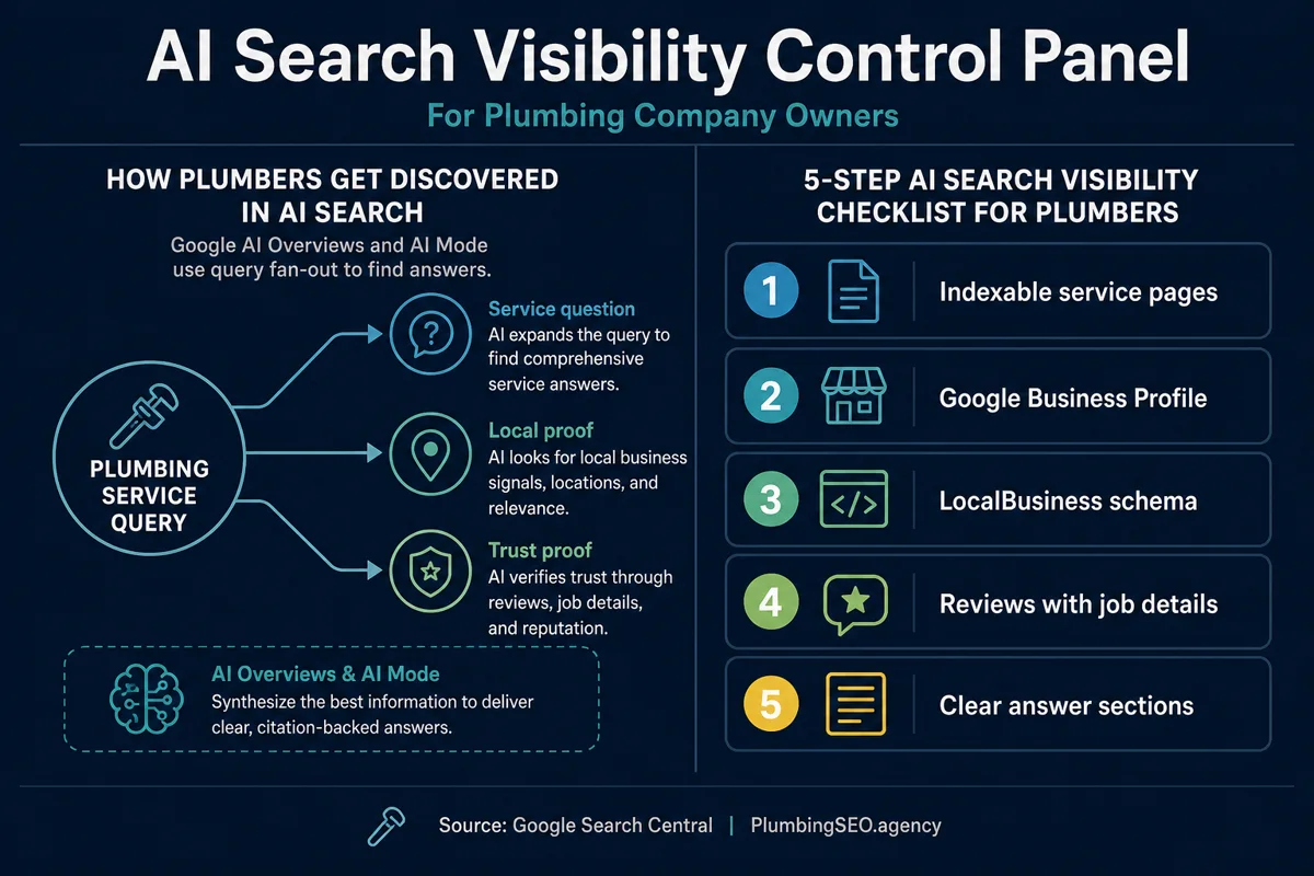 AI search visibility control panel for plumbers showing query fan-out and optimization steps