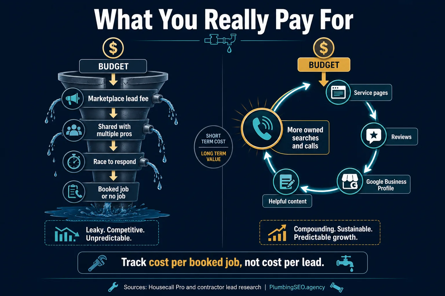 Plumbing marketing cost flow showing marketplace lead fees versus owned SEO flywheel
