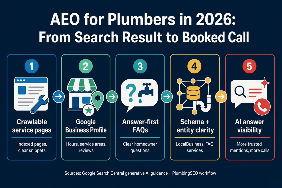 AEO workflow for plumbers from crawlable service pages to AI answer visibility