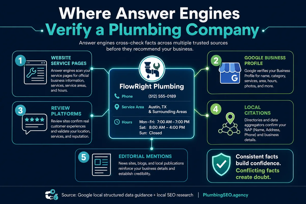 Answer engine verification map showing website pages, Google Business Profile, review platforms, local citations, and editorial mentions