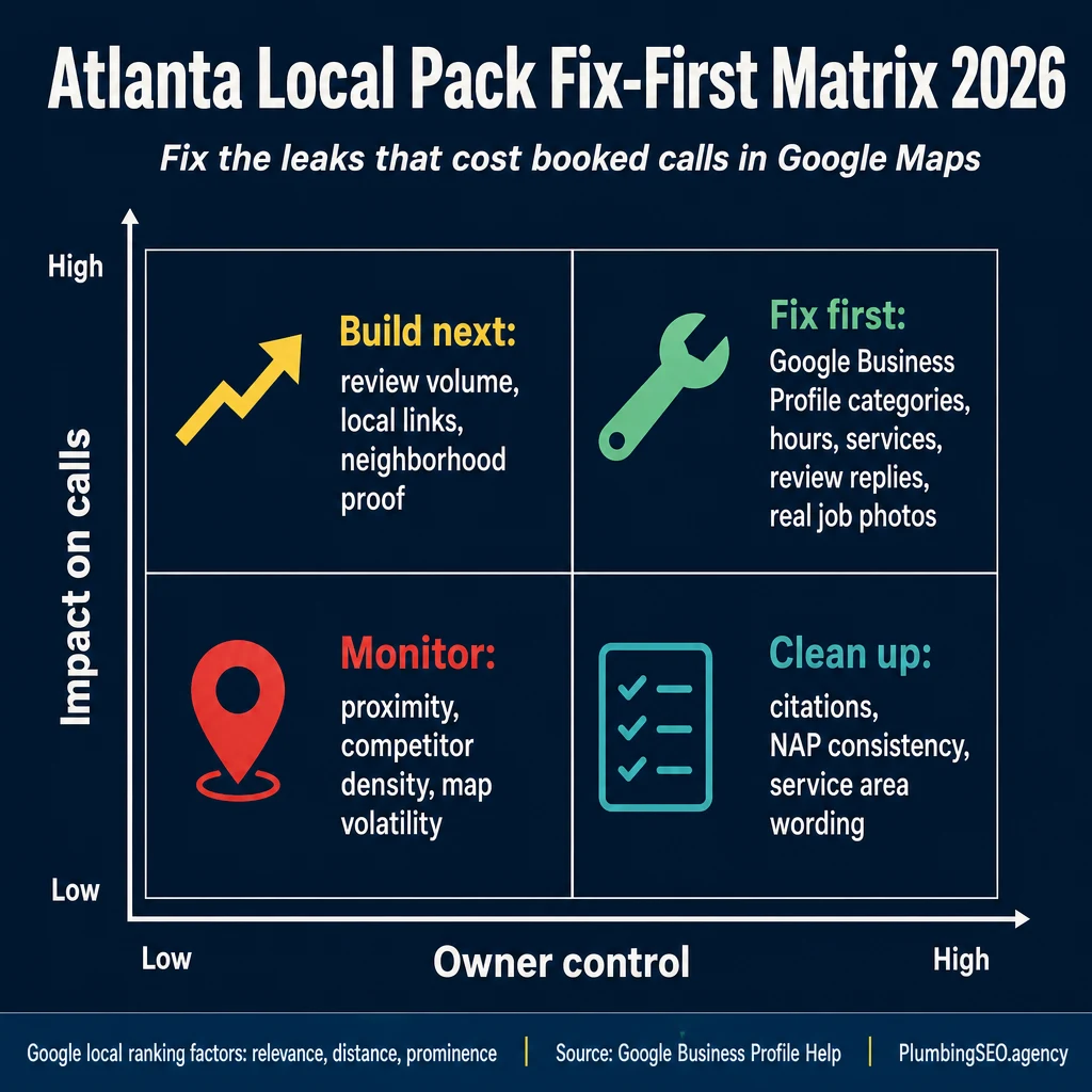Atlanta plumbing SEO local pack fix-first matrix