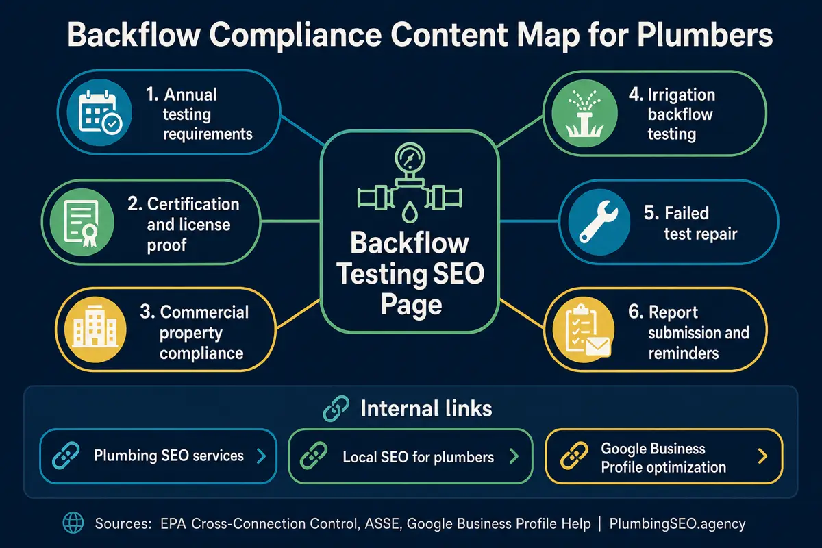 Backflow compliance content map showing service page sections and internal links