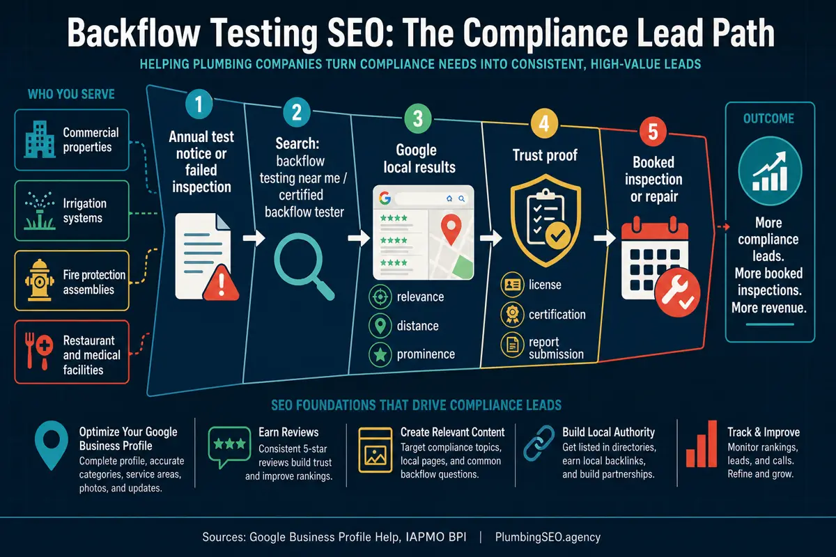 Backflow testing SEO lead path from compliance notice to booked inspection