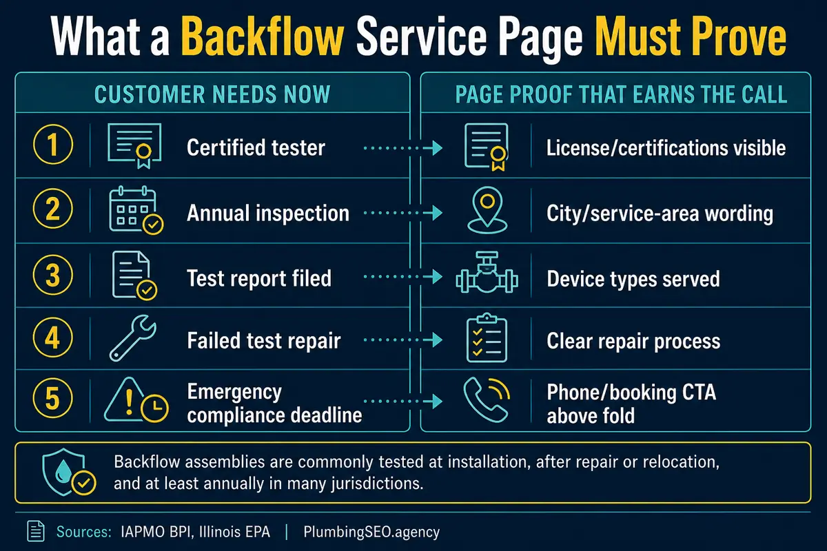 Checklist showing what a backflow testing service page must prove to earn calls