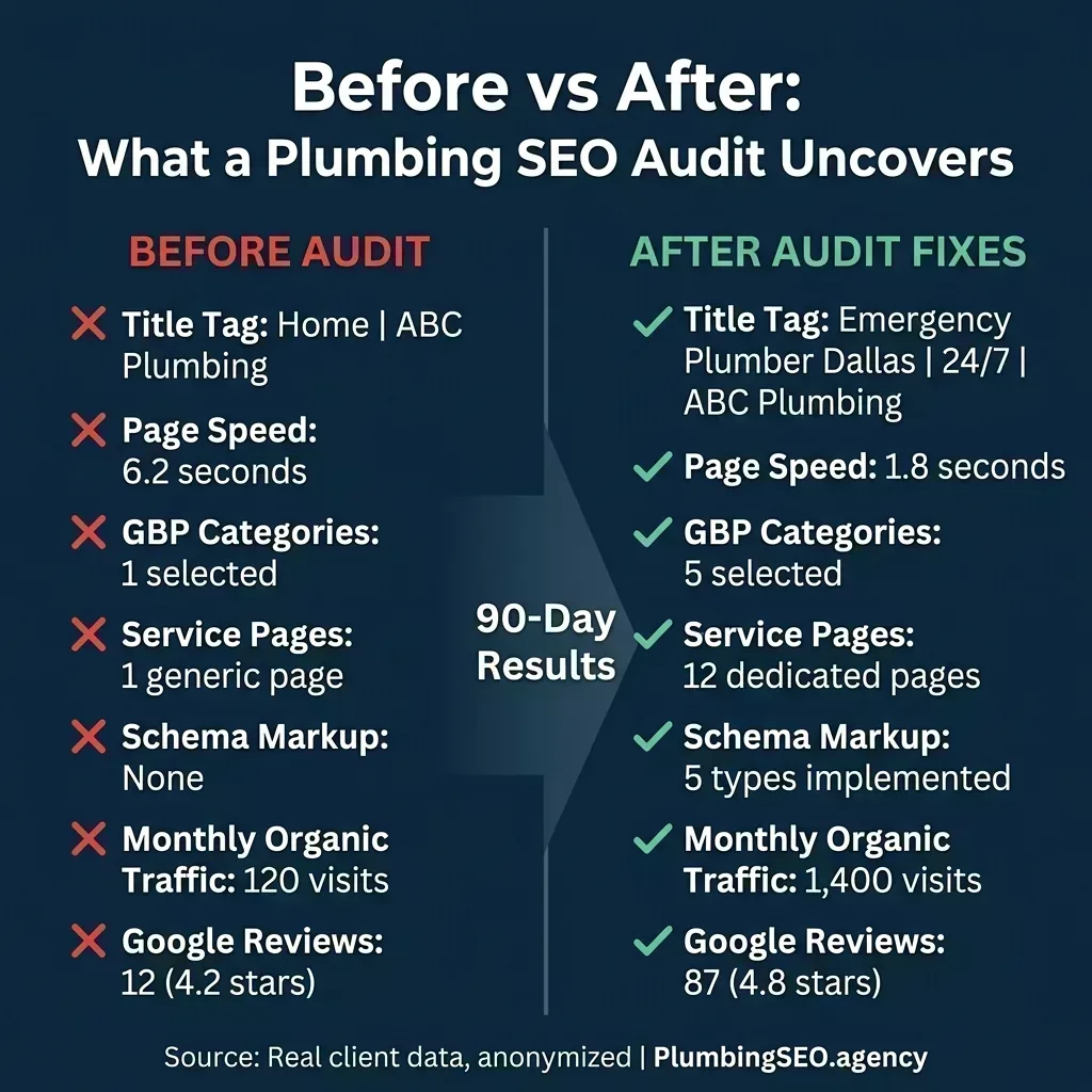 Before and after comparison showing plumbing SEO audit results over 90 days: title tag improvements, page speed from 6.2 to 1.8 seconds, Google Business Profile category expansion, service page growth from 1 to 12 pages, schema implementation, organic traffic from 120 to 1400 visits, and review growth from 12 to 87
