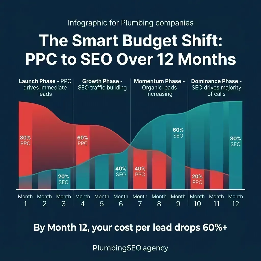 Budget shift timeline showing PPC-heavy to SEO-heavy transition over 12 months for plumbing companies