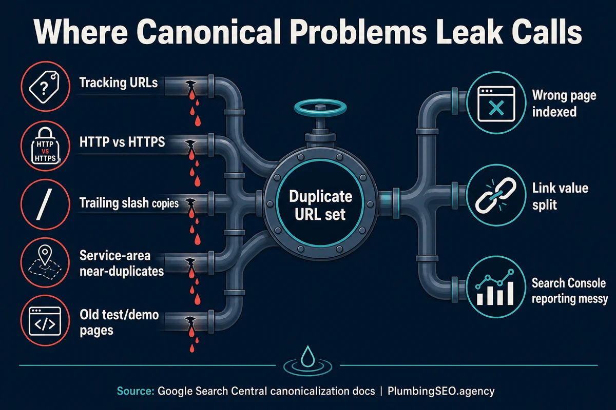 Infographic showing common canonical problems on plumbing websites such as tracking URLs, HTTP and HTTPS copies, trailing slash copies, service area near duplicates, and old demo pages