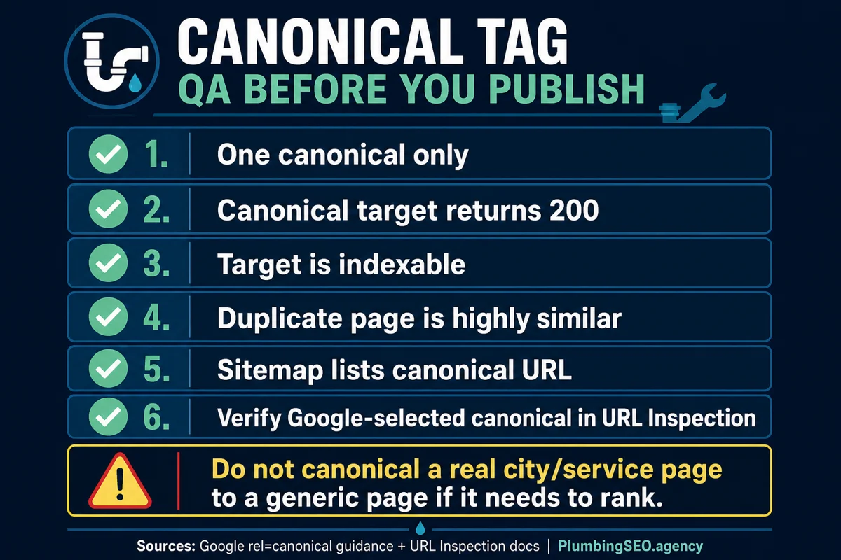 Canonical tag QA checklist for plumbing website publishing with checks for one canonical, 200 status, indexable target, similar duplicate content, sitemap inclusion, and URL Inspection