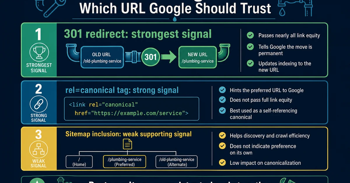 Canonical tags signal stack for plumbing website indexing and tracking cleanup
