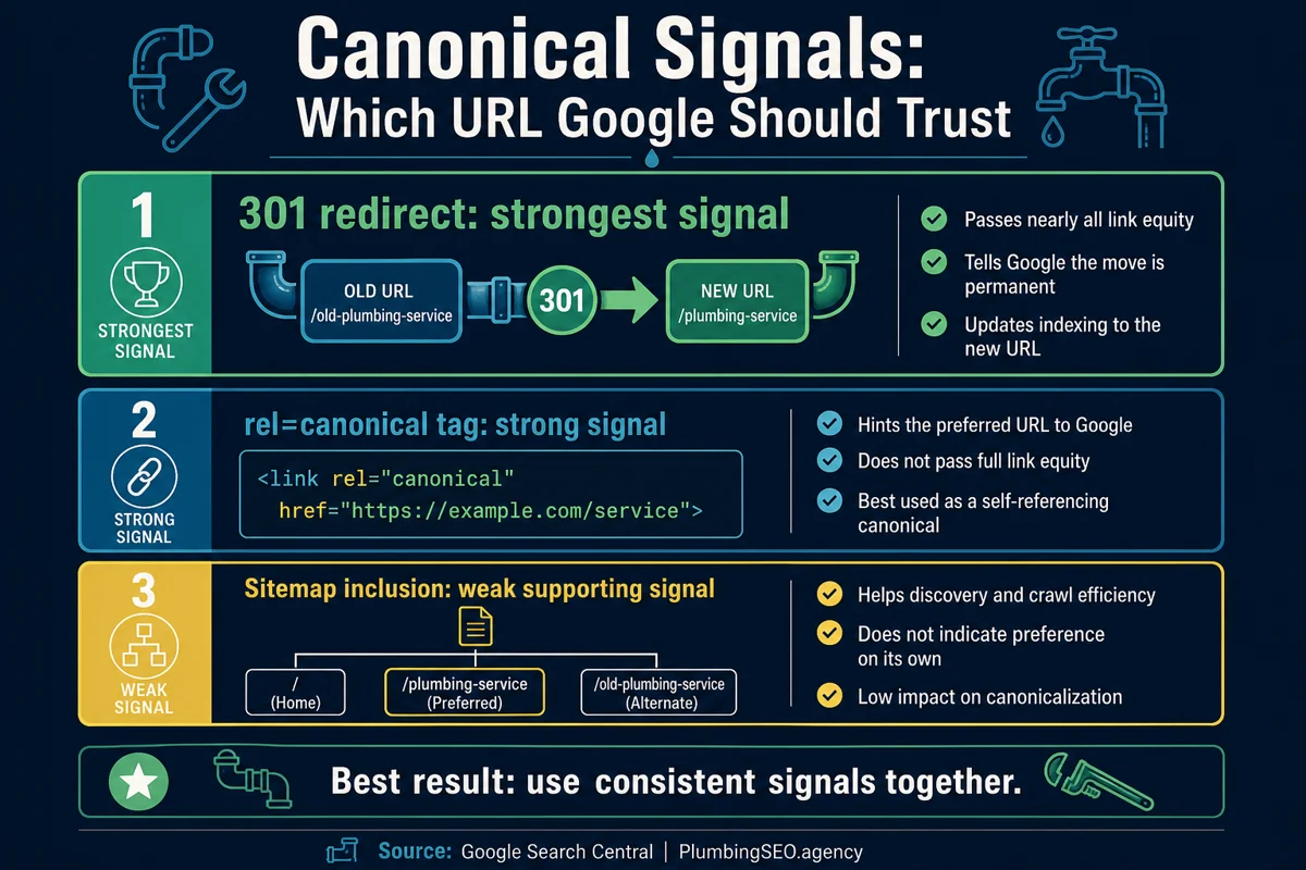 Infographic comparing canonicalization signals for plumbing websites including redirects, rel canonical tags, and sitemap inclusion