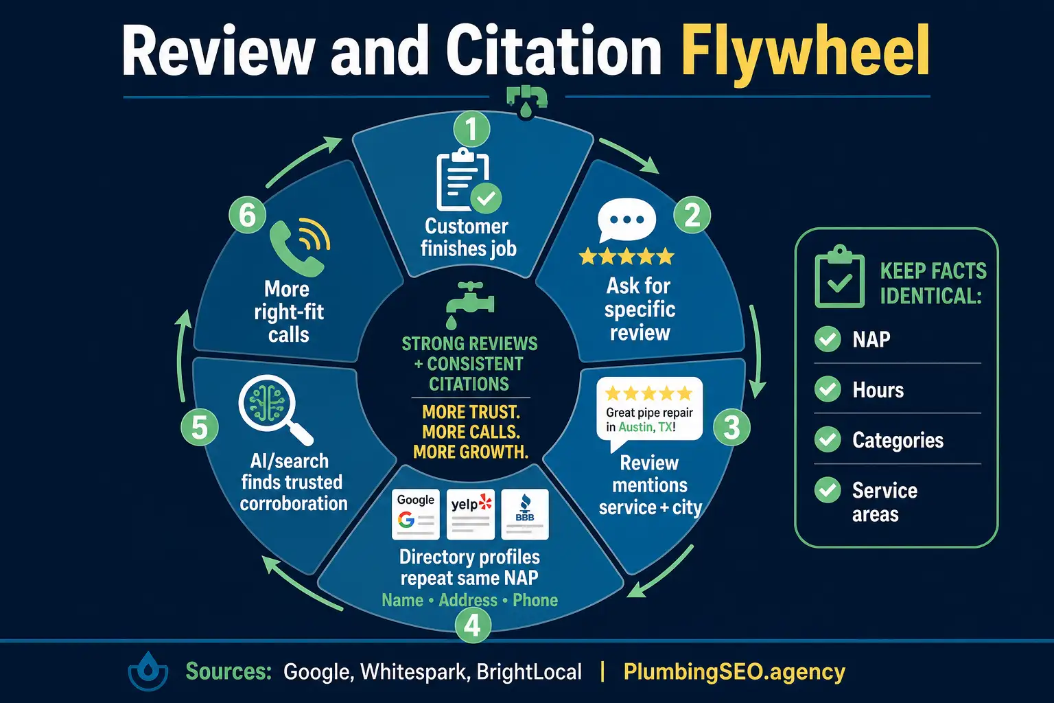 Infographic showing how specific reviews and consistent citations help plumbers earn trusted AI and search corroboration.