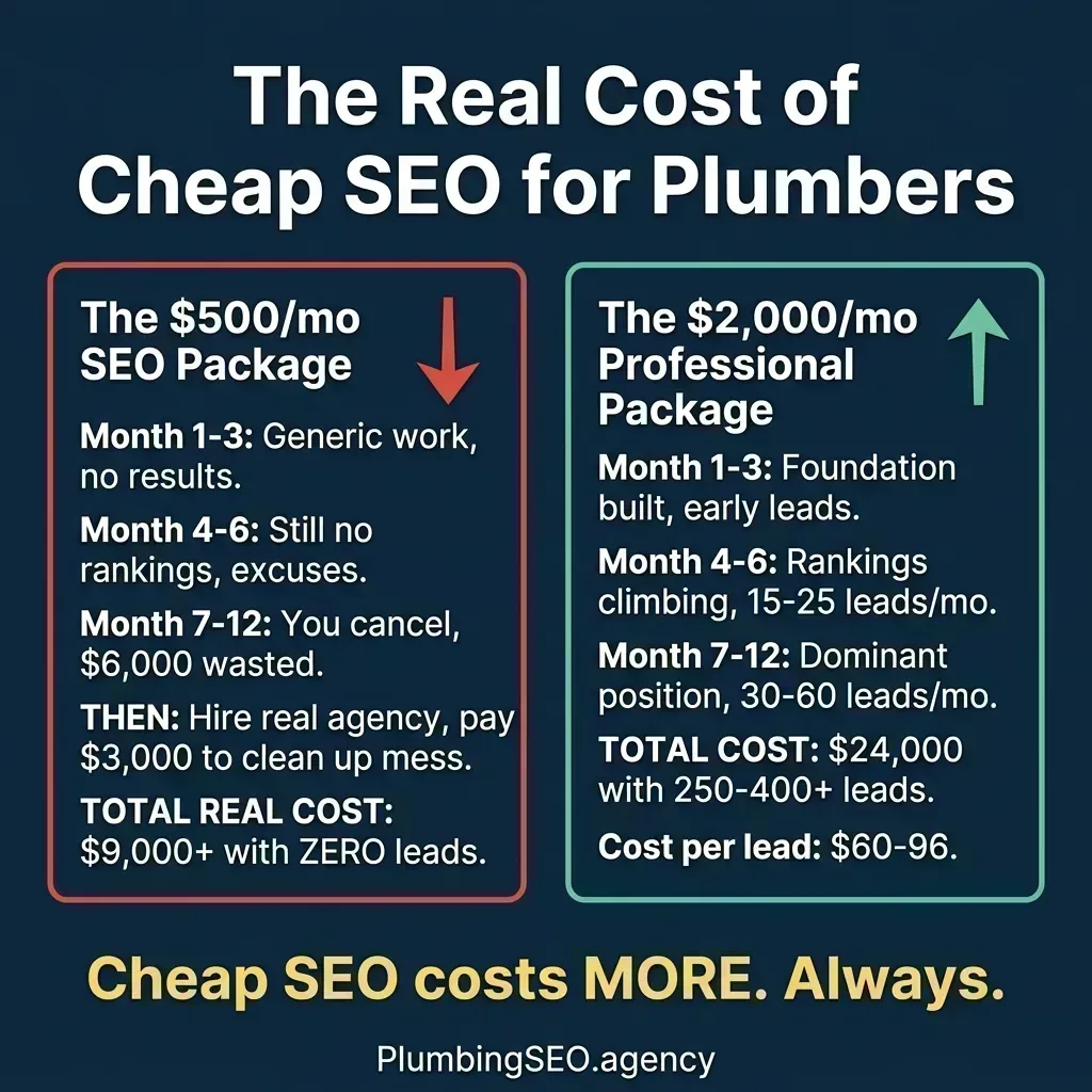 Infographic comparing the real cost of cheap SEO at $500/month versus professional SEO at $2,000/month for plumbing companies