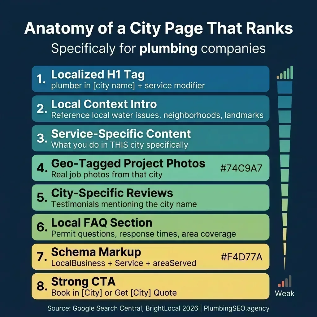 9-point checklist for city pages that rank: H1 with city keyword, localized intro, specific services, project gallery, testimonials, local FAQ, embedded map, schema markup, internal links
