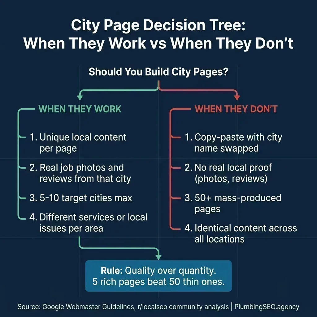 Decision tree showing when city pages work versus when they fail for plumbing companies