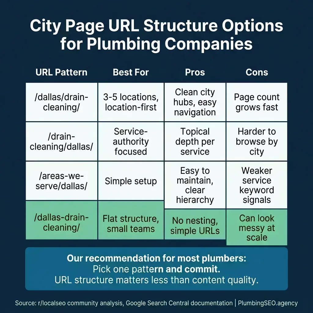 Comparison of 4 URL structure options for plumbing company city pages with pros and cons