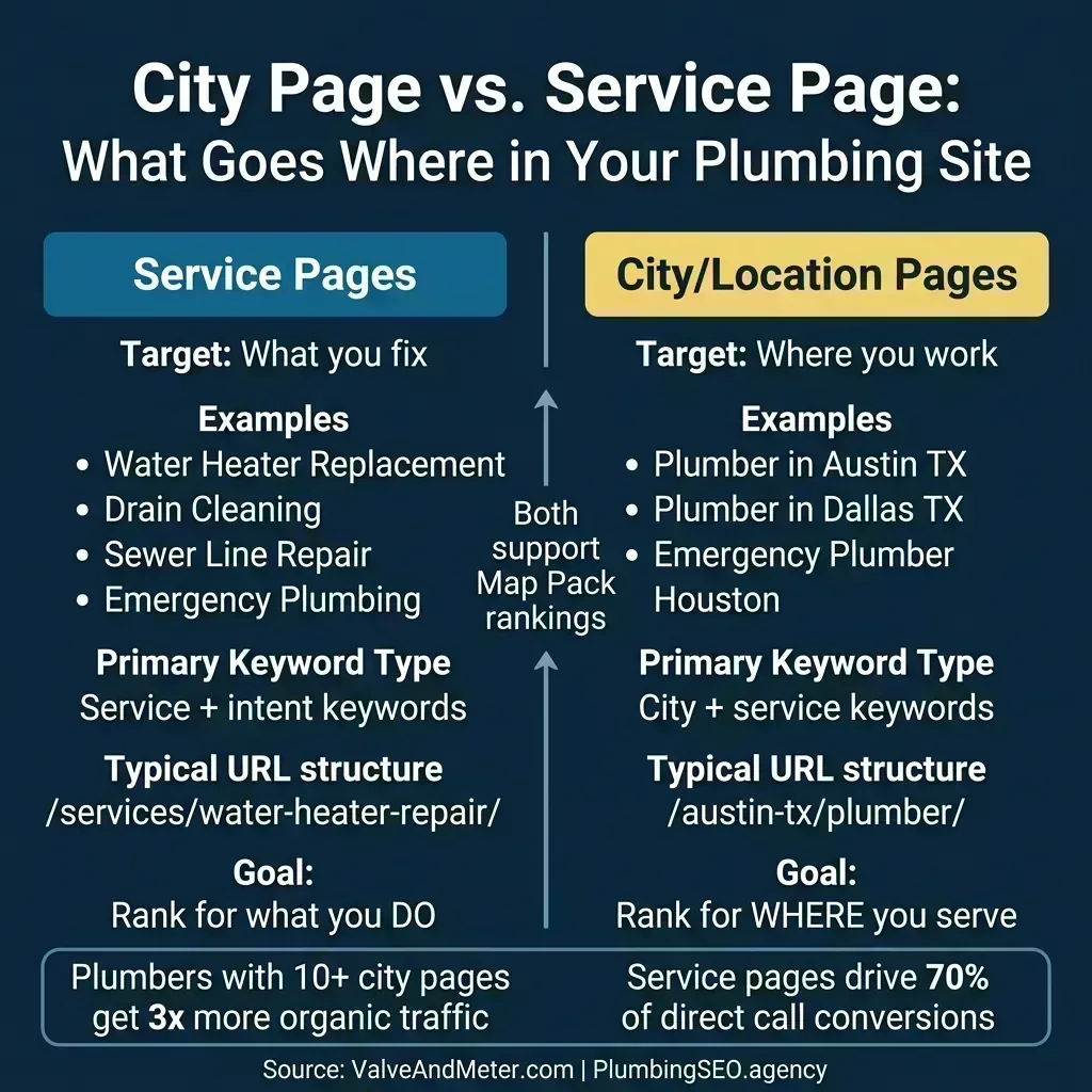 Infographic: City Page vs. Service Page &mdash; Service Pages target what you fix (Water Heater Replacement, Drain Cleaning) while City Pages target where you work (Plumber in Austin TX, Emergency Plumber Houston). Both support Map Pack rankings.