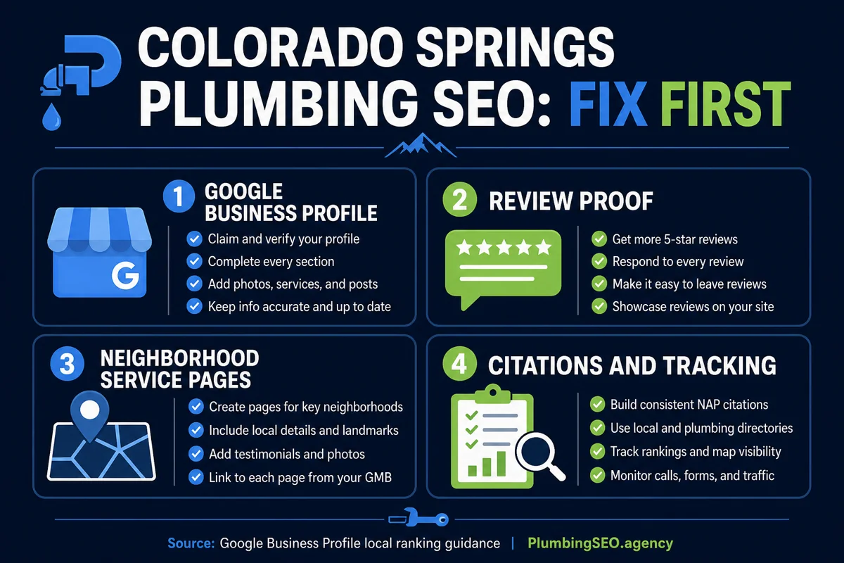 Colorado Springs plumbing SEO local pack fix-first infographic