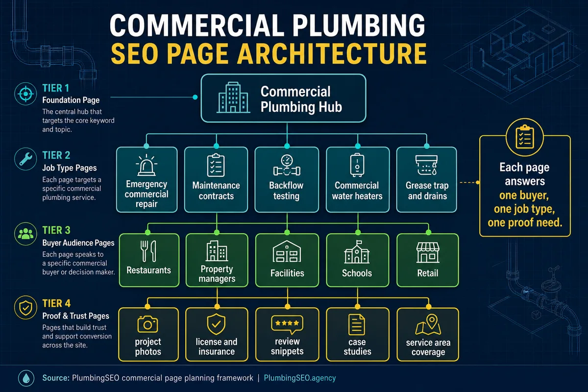 Commercial plumbing SEO page architecture with hub, job type pages, buyer pages, and proof pages
