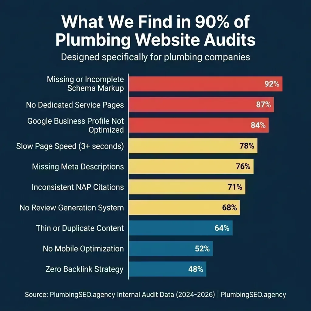 Horizontal bar chart showing the most common issues found in plumbing website SEO audits: Missing Schema Markup at 92 percent, No Dedicated Service Pages at 87 percent, Google Business Profile Not Optimized at 84 percent, and more