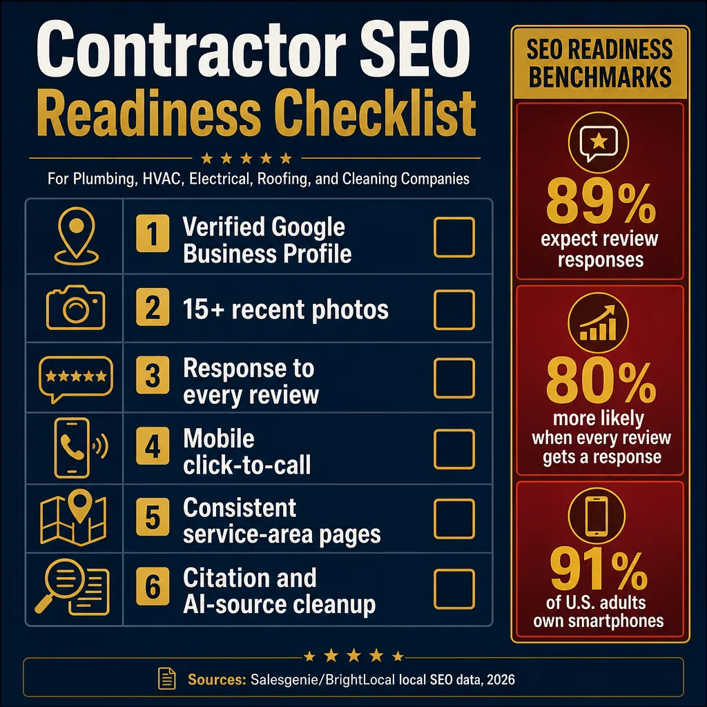 Contractor SEO readiness checklist infographic for reviews, Google Business Profile photos, mobile click to call, service pages, and citations
