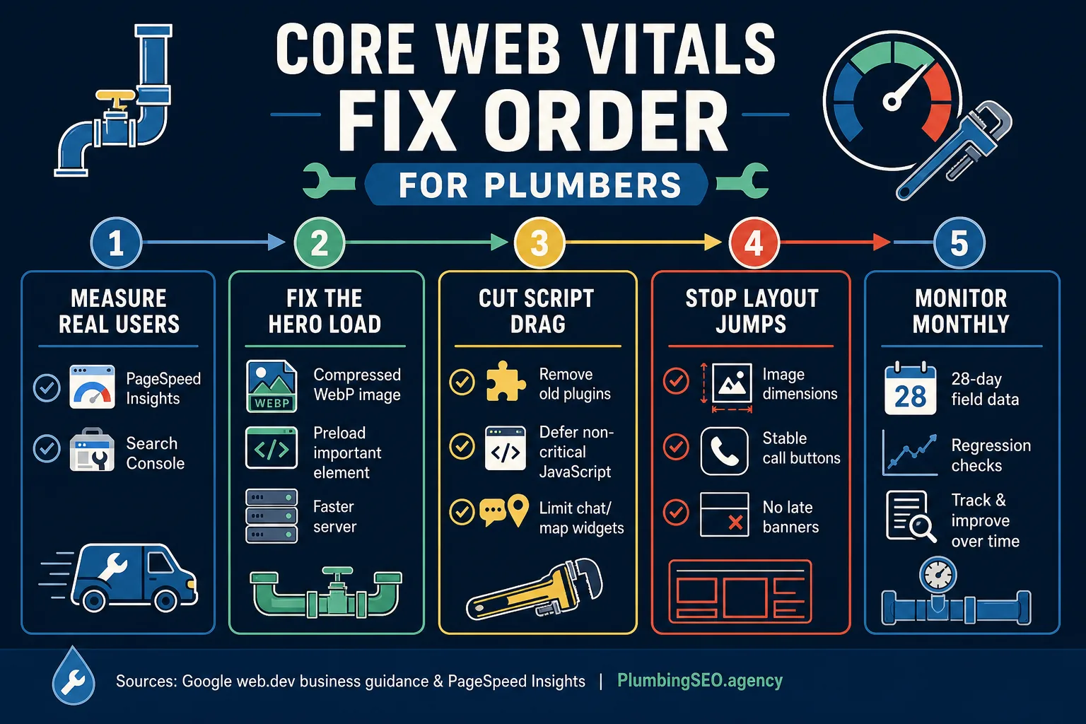 Five-step Core Web Vitals fix order for plumbing websites