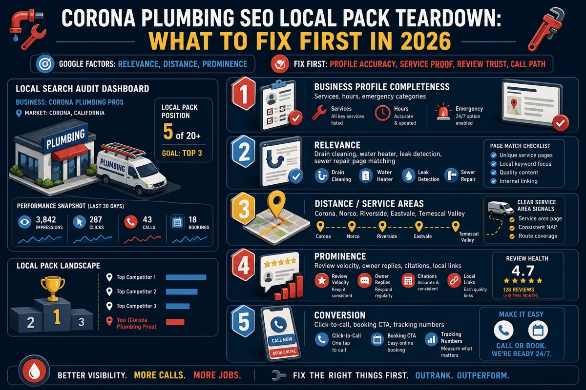 Corona plumbing SEO local pack teardown priorities
