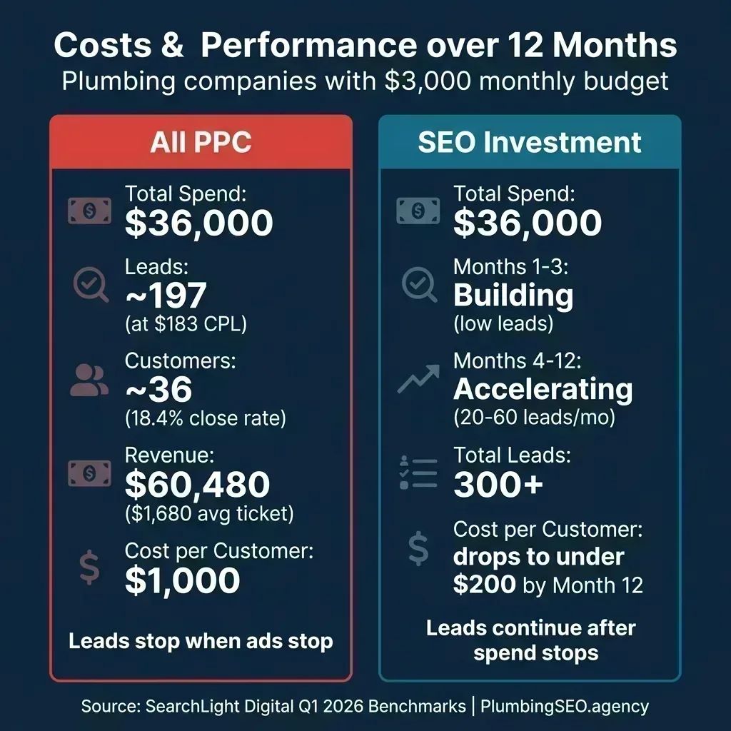 12-month cost comparison infographic showing PPC at $1,000 per customer vs SEO at under $200 per customer