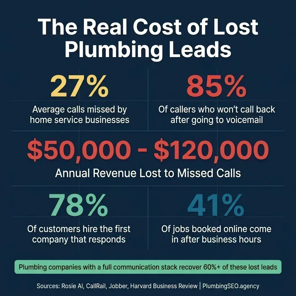 Infographic showing the real cost of lost plumbing leads: 27% average calls missed, 85% of callers won't call back, $50,000-$120,000 annual revenue lost, 78% of customers hire the first company that responds, 41% of jobs booked online come in after business hours