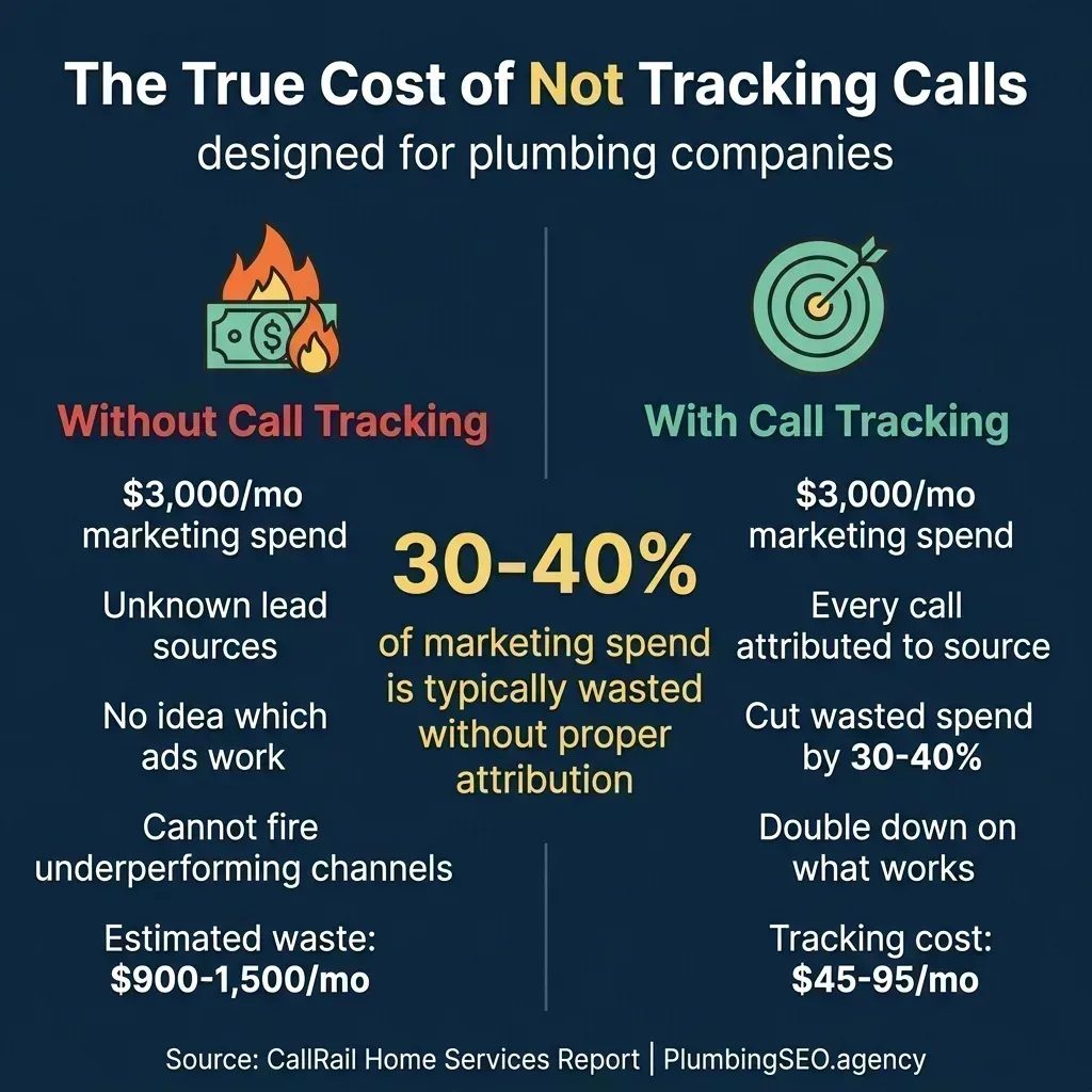 Side-by-side comparison showing a plumbing company spending $3,000 per month without call tracking wasting an estimated $900-1,500 per month versus with call tracking at $45-95 per month cutting wasted spend by 30-40%