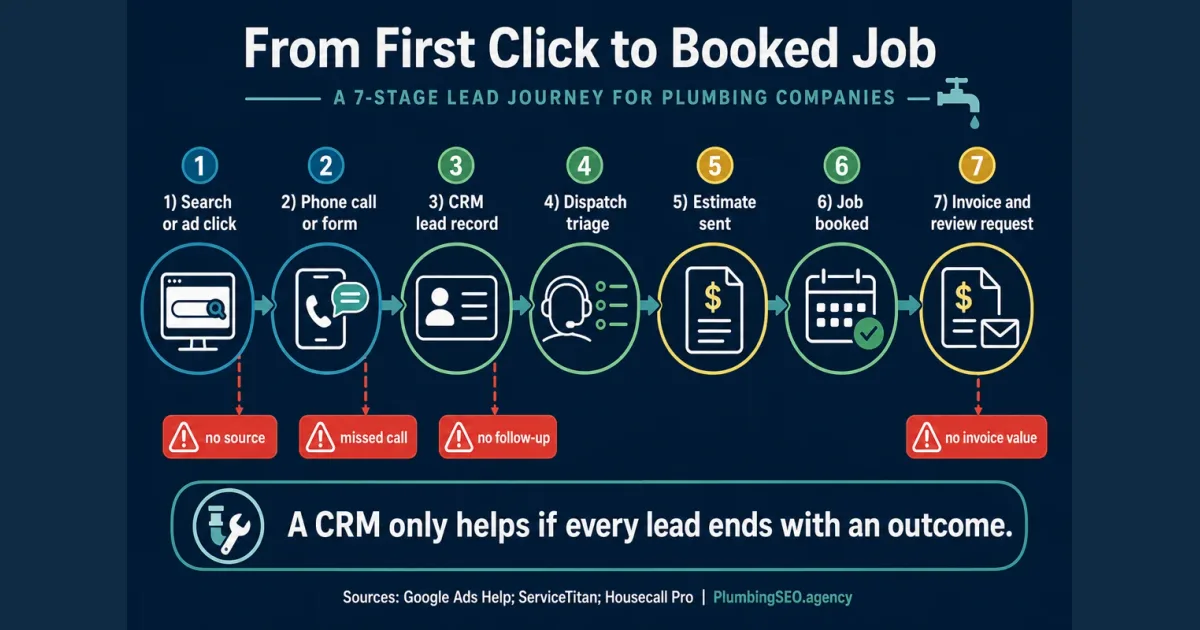Plumbing lead CRM clean data flow from source to booked job and review request