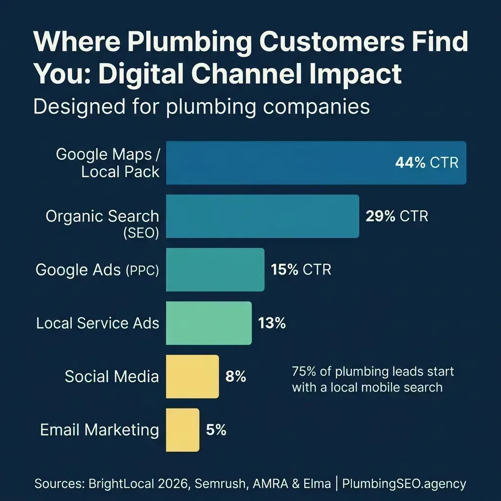 Bar chart showing where plumbing customers find businesses: Google Maps and Local Pack at 44% CTR, Organic Search at 29%, Google Ads at 15%, Local Service Ads at 13%, Social Media at 8%, Email Marketing at 5%