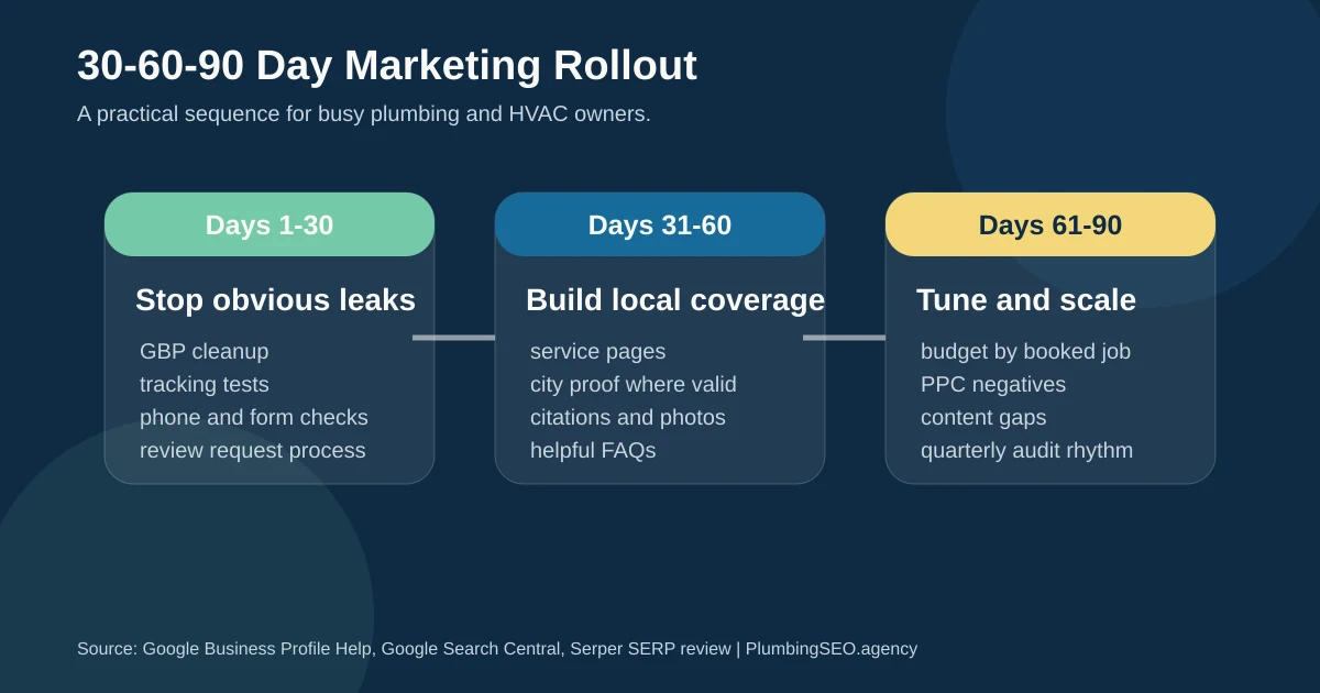 30 60 90 day digital marketing rollout for plumbing and HVAC companies
