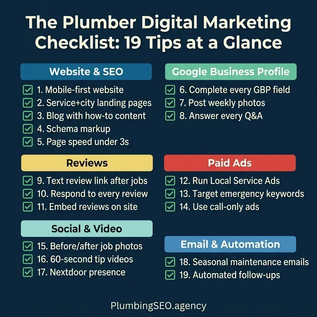The complete plumber digital marketing checklist showing all 19 tips organized into 6 categories: Website and SEO, Google Business Profile, Reviews, Paid Ads, Social and Video, Email and Automation
