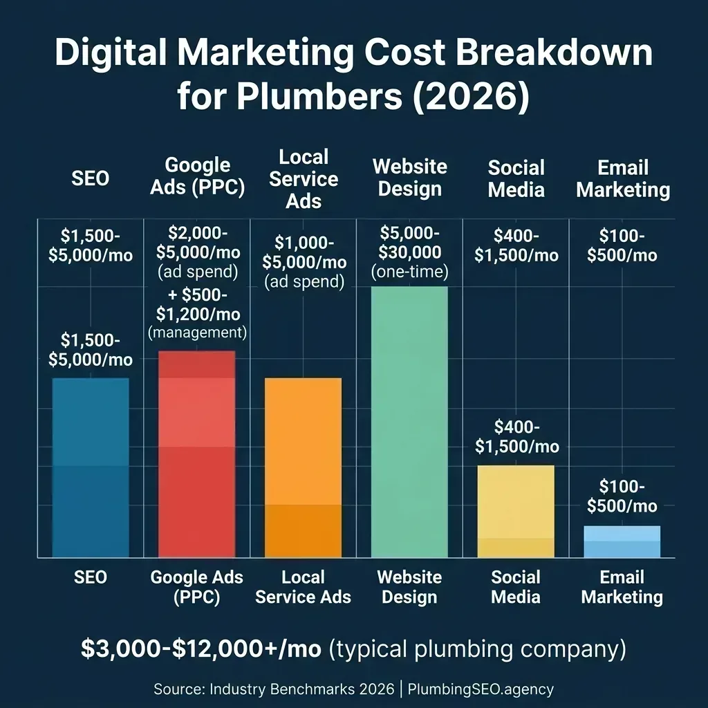 Digital marketing cost breakdown for plumbers in 2026 showing SEO, PPC, LSA, website, social media, and email costs