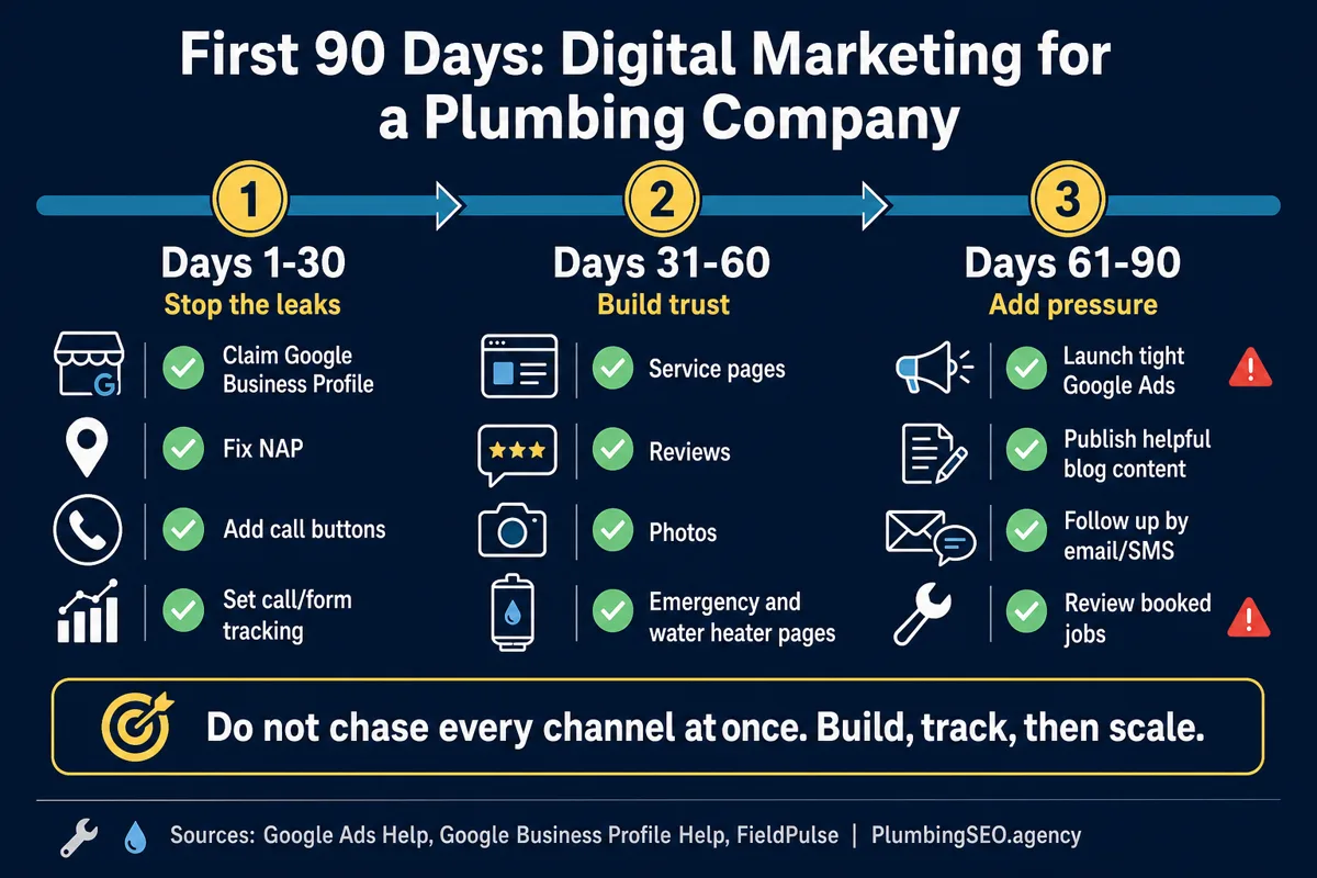 Ninety day plumber digital marketing plan from indexability audit to call tracking and compounding channels